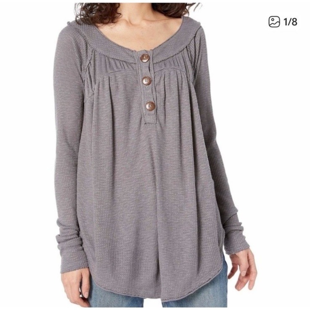 We The Free People Must Have Henley Waffle Knit Long Sleeve Top Size M Babydoll